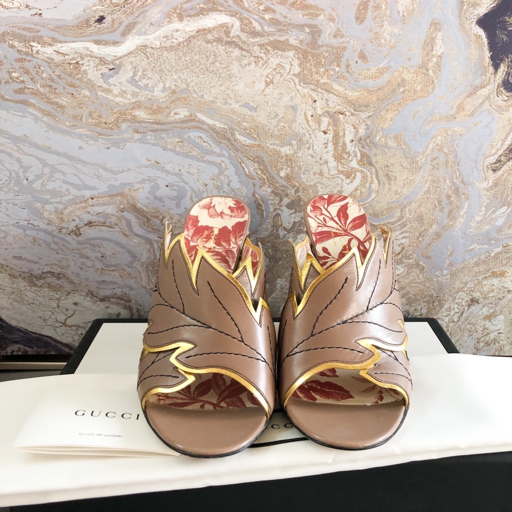 Gucci Webby Leaf Taupe Multicolor Leather Mules - Picture 4 of 8